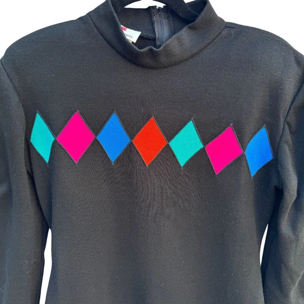 Scarlett Knits Vintage 80s Harlequin Diamond Art Deco Kitsch Mini Dress Black S